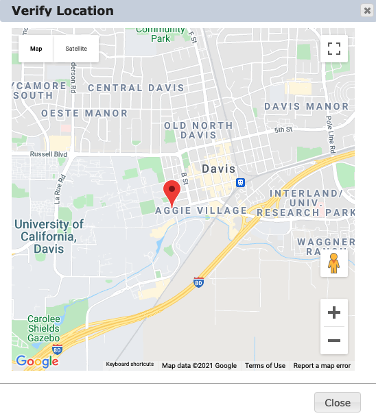 Google map view of UC Davis with a map marker over the text “Aggie Village”